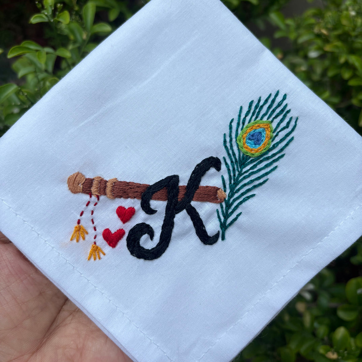 Morpankh and flute embroidery handkerchief