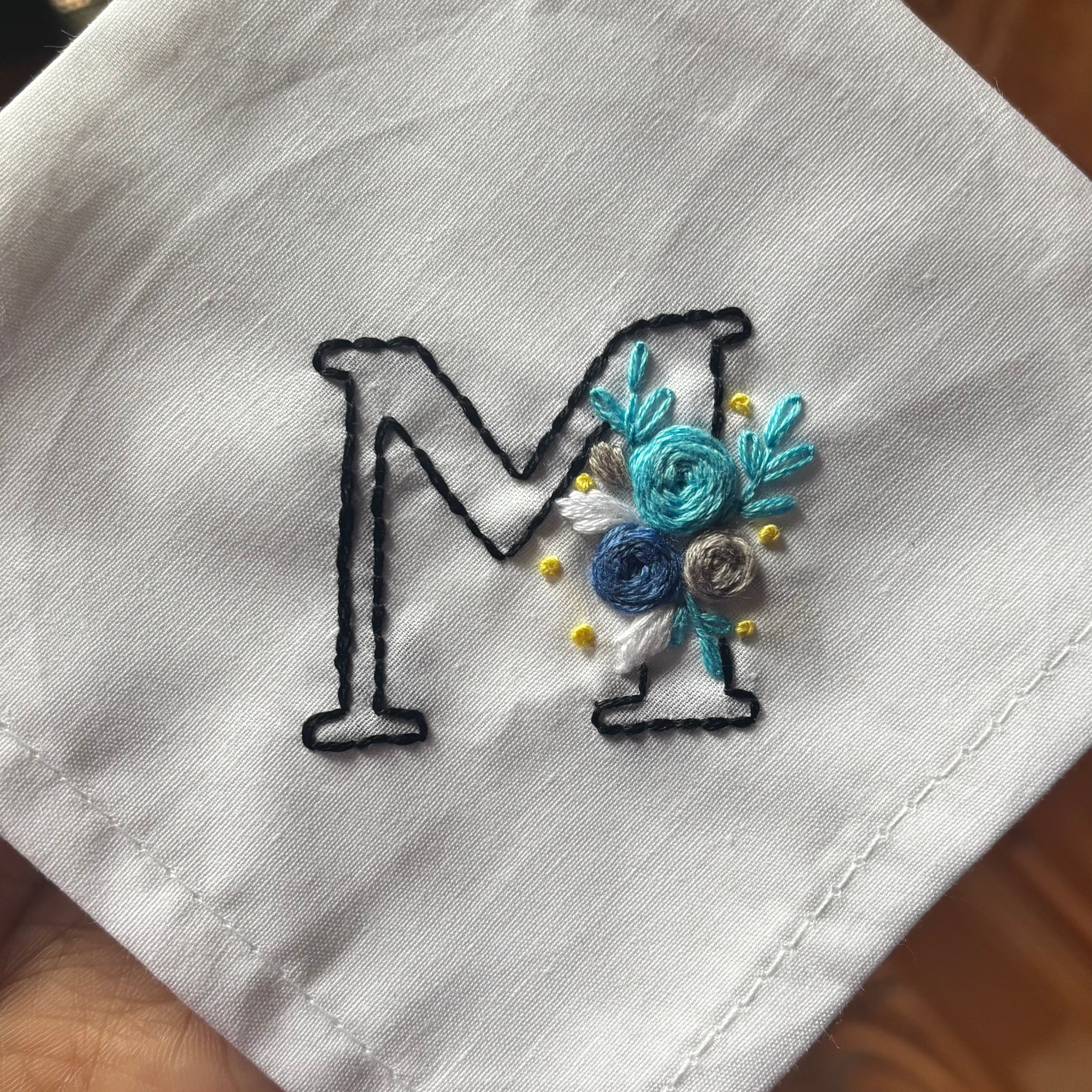 Floral Initial M - embroidery handkerchief