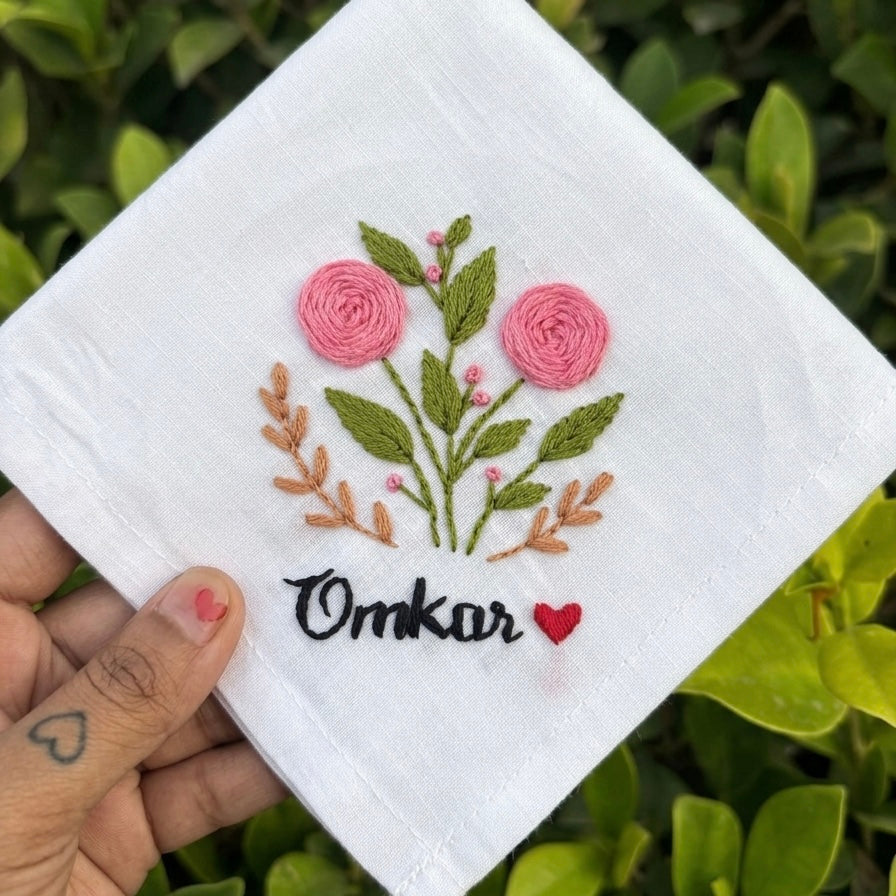 Floral embroidery with name on handkerchief