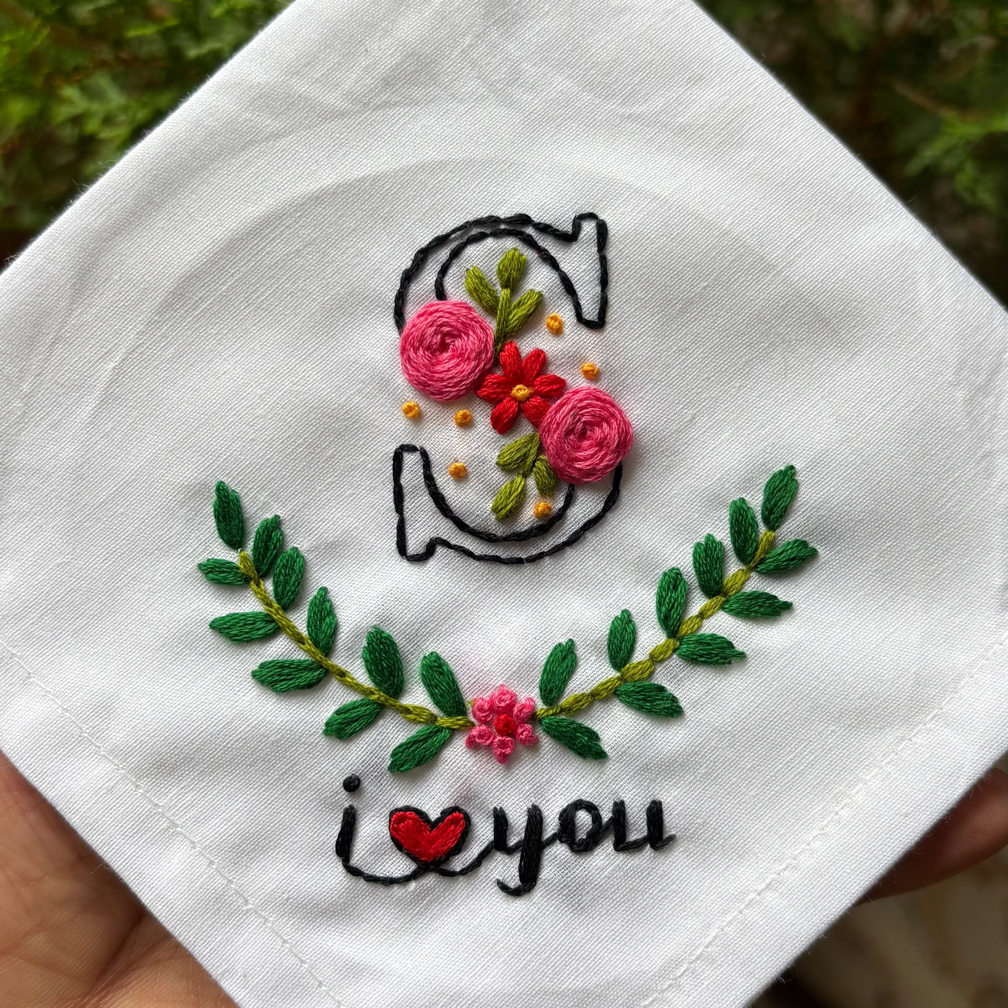 Floral S with branches- embroidery handkerchief