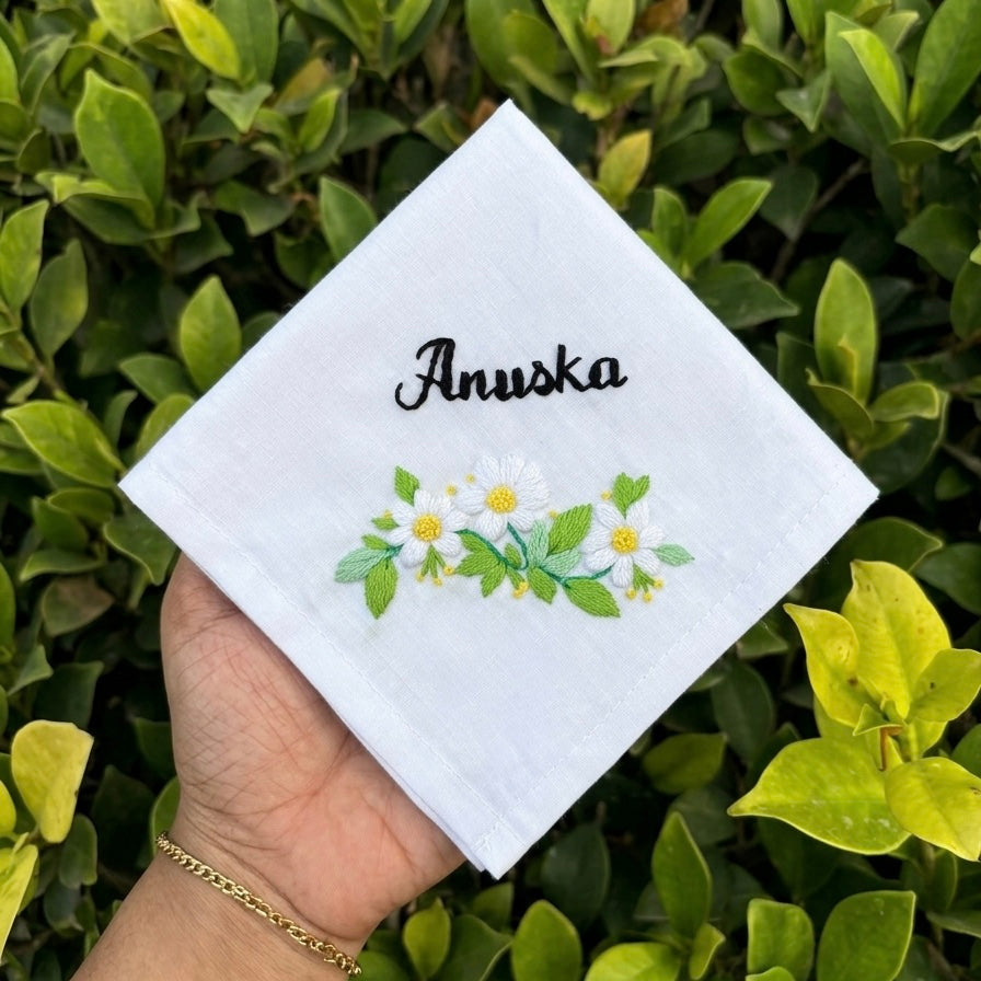Name and white floral embroidery handkerchief